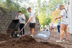 People shovel and rake mulch in an outdoor space.